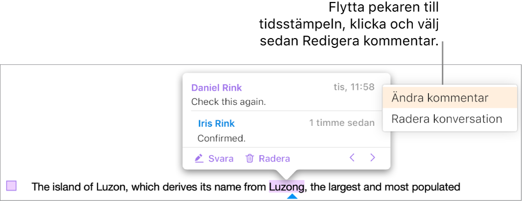 En kommentar är öppen och markören är ovanpå tidsstämpeln längst upp. En popupmeny visas med två alternativ: Redigera kommentar och Radera konversation.
