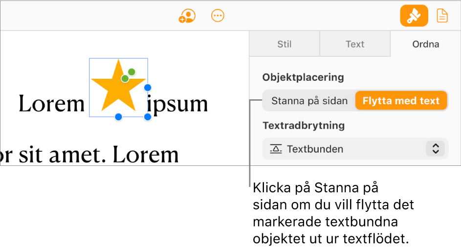 En textbunden bild inuti dokumentets brödtext är markerad och knappen Stanna på sidan är synlig på fliken Ordna i sidofältet.