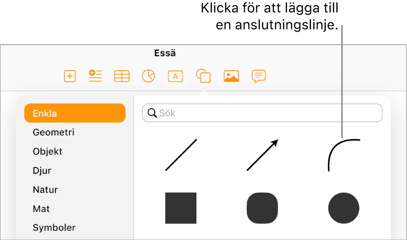 Formbiblioteket är öppet, Enkla är markerat till vänster och ett antal linjer och former, däribland en böjd linje, visas till höger.