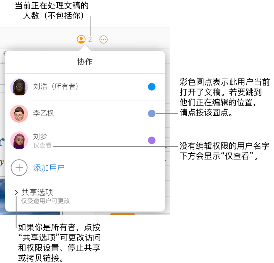 “协作”菜单已打开，其中包含一个三位参与者的列表（其中一位的访问权限为“仅查看”），一个“添加用户”选项，以及一个“共享选项”部分。