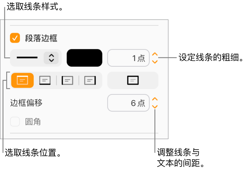 “格式”边栏的“布局”标签中的“段落边框”复选框已选中，用于更改线条样式、颜色、粗细、位置以及与文本之间偏移的控制显示在复选框下方。