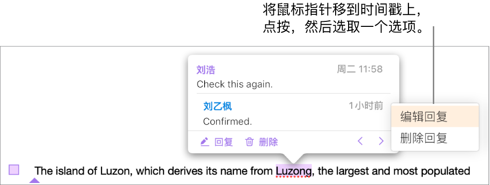 包含一条回复且指针位于该回复的时间戳上的批注；弹出式菜单显示两个选项：“编辑回复”和“删除回复”。