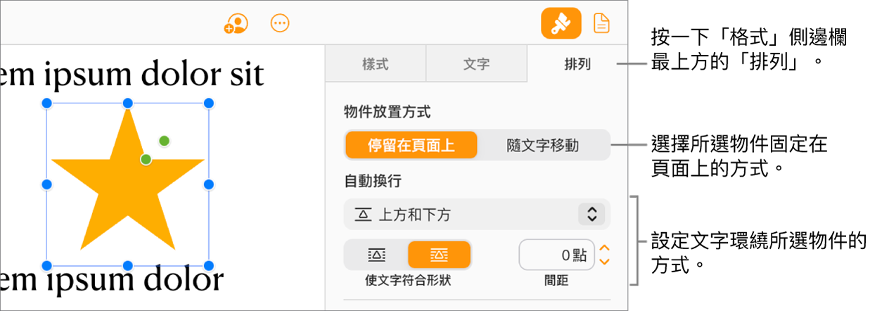 已於文件內文中選取一張影像；「格式」側邊欄的「排列」標籤頁顯示物件設定為「停留在頁面上」，文字則於物件的上方和下方圍繞。