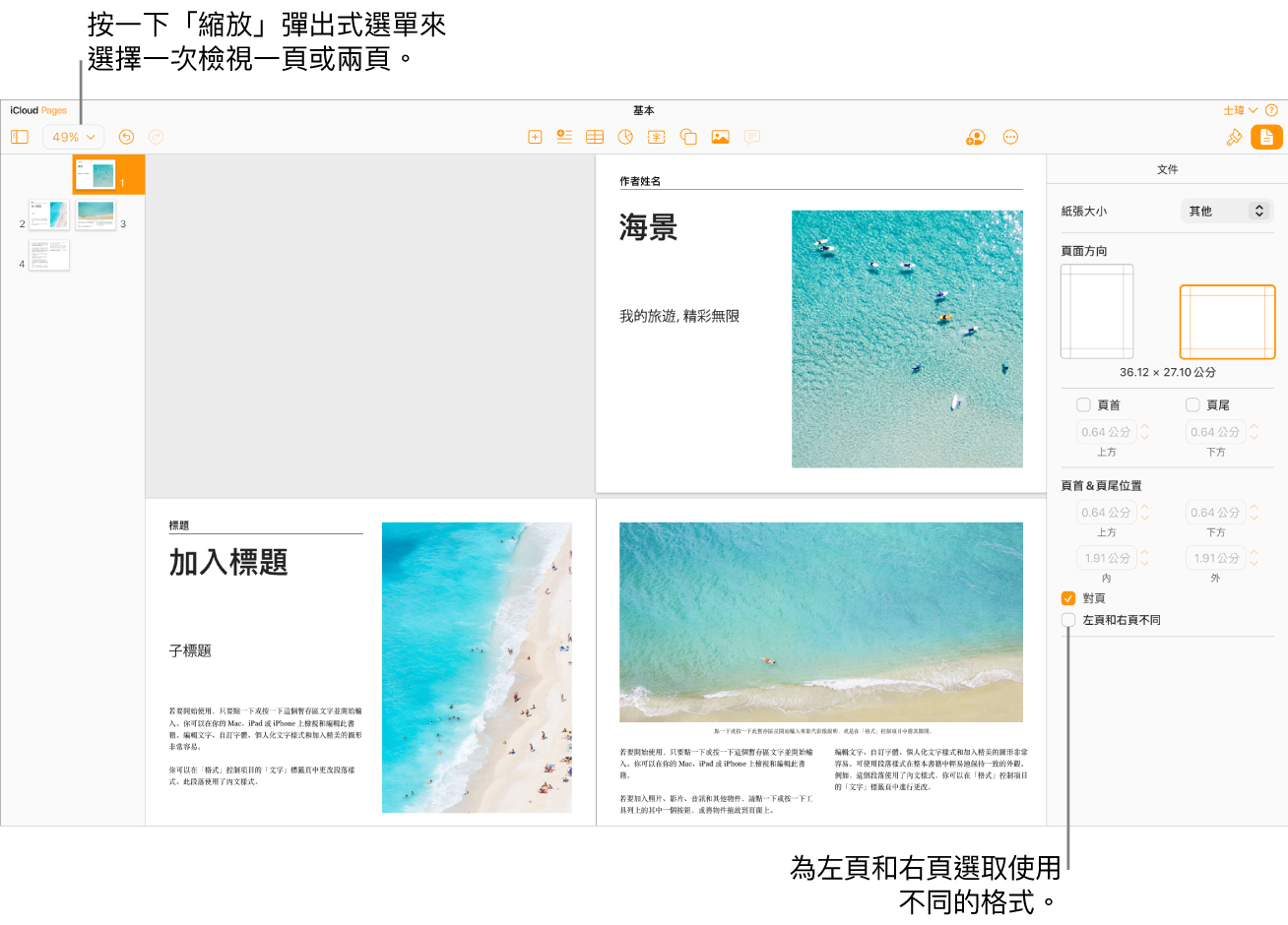 具有頁面縮覽圖的 iCloud 版 Pages 視窗，文件頁面為跨頁查看。在右側的「文件」側邊欄中，「左頁和右頁不同」註記框為未選取狀態。