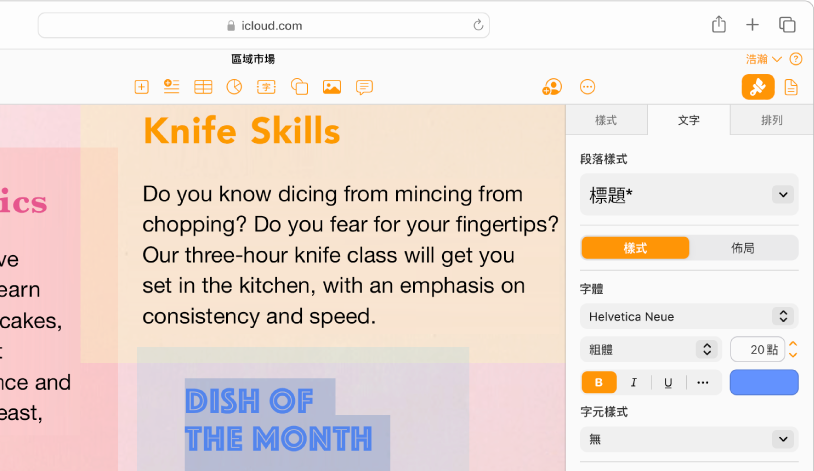 已選取包含部分文字的文件。右側「格式」側邊欄顯示的選項可用於更改選取文字的字型、顏色和大小等。