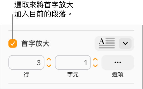 已選取「首字放大」註記框，其右方顯示彈出式選單；其下方顯示設定行高、字元數和其他選項的控制項目。