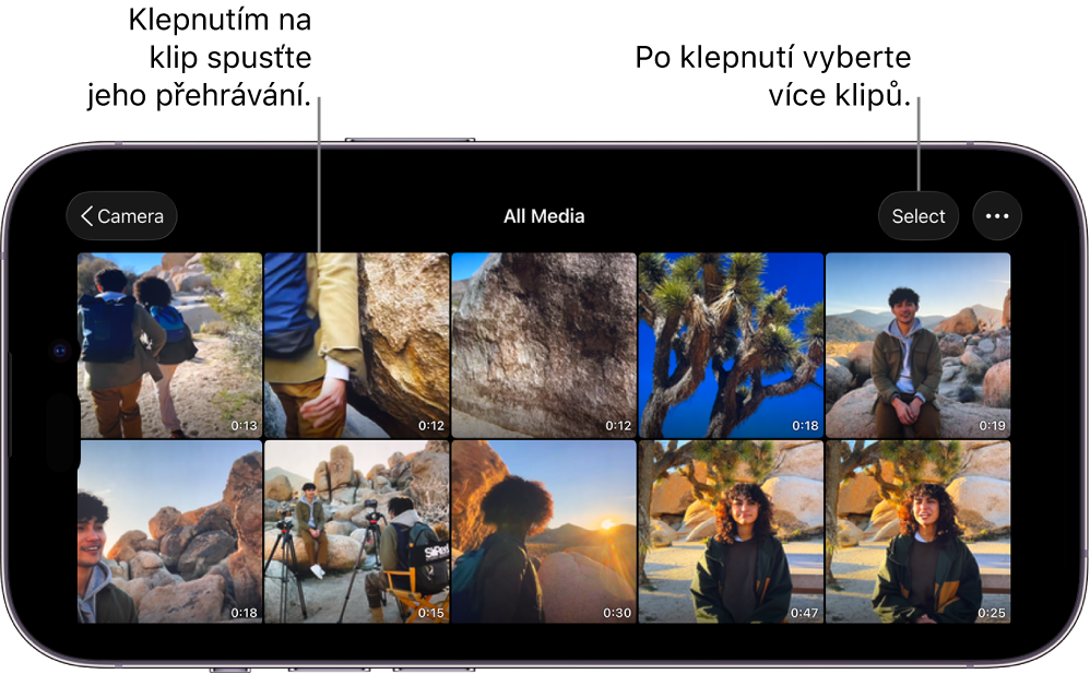 Obrazovka Všechna média v aplikaci Final Cut Camera s miniaturami videí, tlačítkem Vybrat a tlačítkem Další.