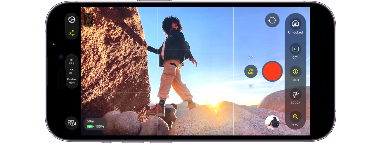 The Final Cut Camera screen, showing camera controls, the Record button, and the viewfinder grid overlay.