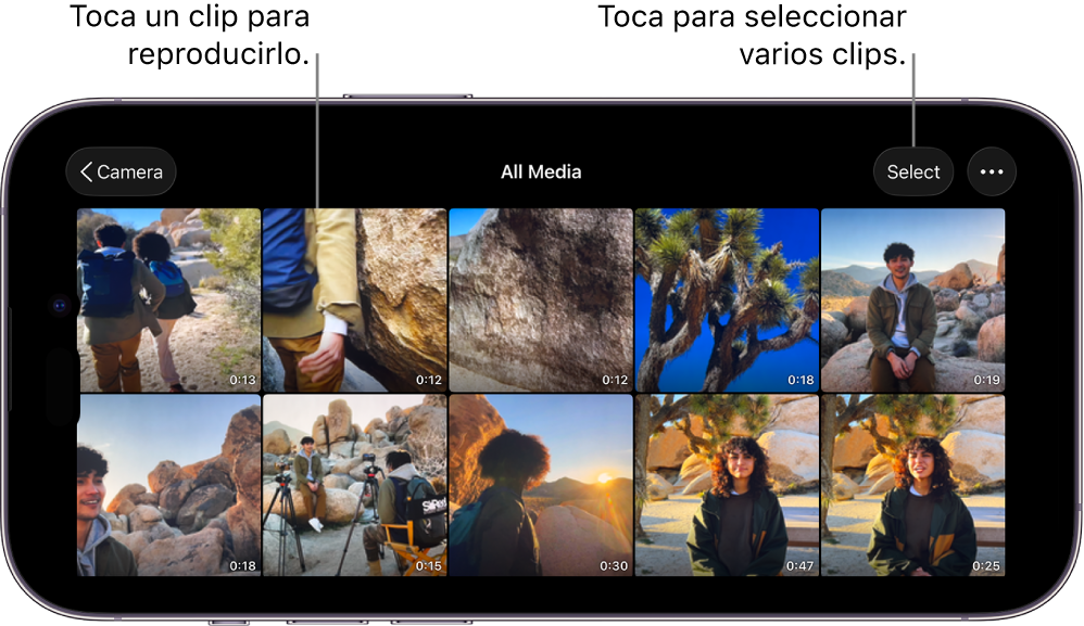 La pantalla Contenido de Final Cut Camera muestra miniaturas de videos, un botón Seleccionar y un botón Más.