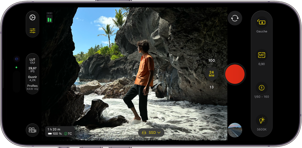 L’écran Final Cut Camera, avec les commandes de caméra et le bouton Enregistrer.