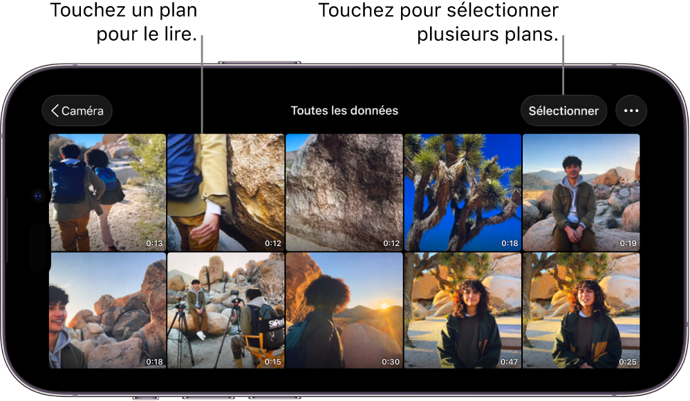 Écran « Toutes les données » dans Final Cut Camera, affichant des vignettes vidéo, un bouton Sélectionner et un bouton Plus.
