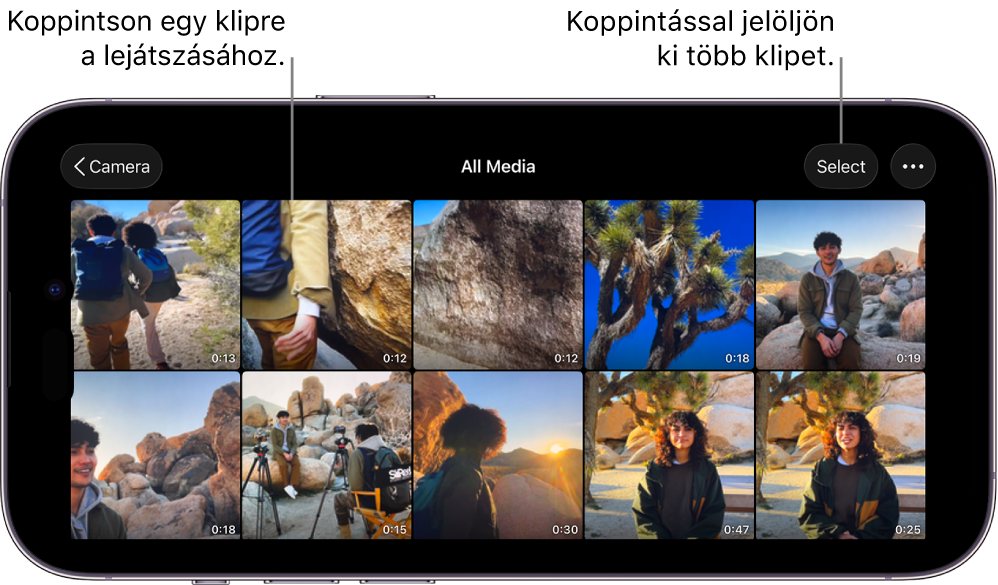 A Final Cut Camera Összes média képernyője videóbélyegképekkel, a Kijelölés és a Továbbiak gombbal.