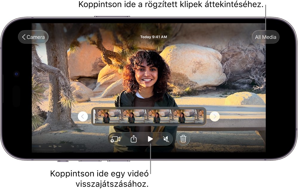 A Final Cut Camera lejátszási képernyője az aktuális klippel, a lejátszásvezérlőkkel és az Összes média gombbal.
