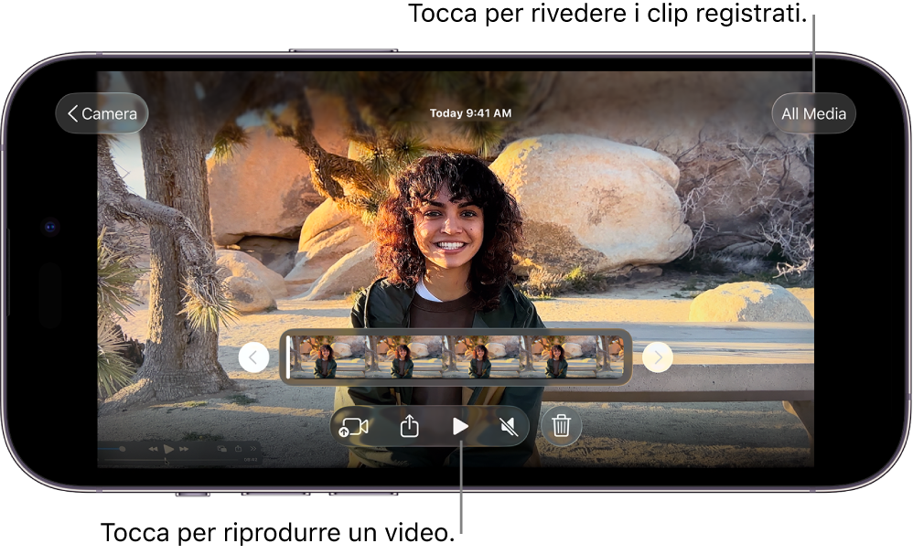 La schermata di riproduzione di Final Cut Camera che mostra il clip attuale, i controlli di riproduzione e il pulsante “Tutti i file”.