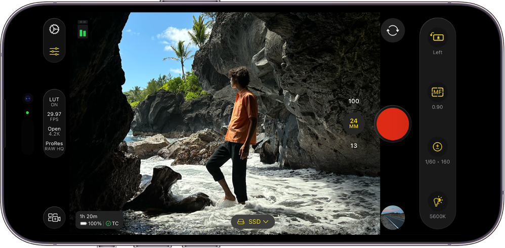Skrin Final Cut Camera, dengan kawalan kamera dan butang Rakam.