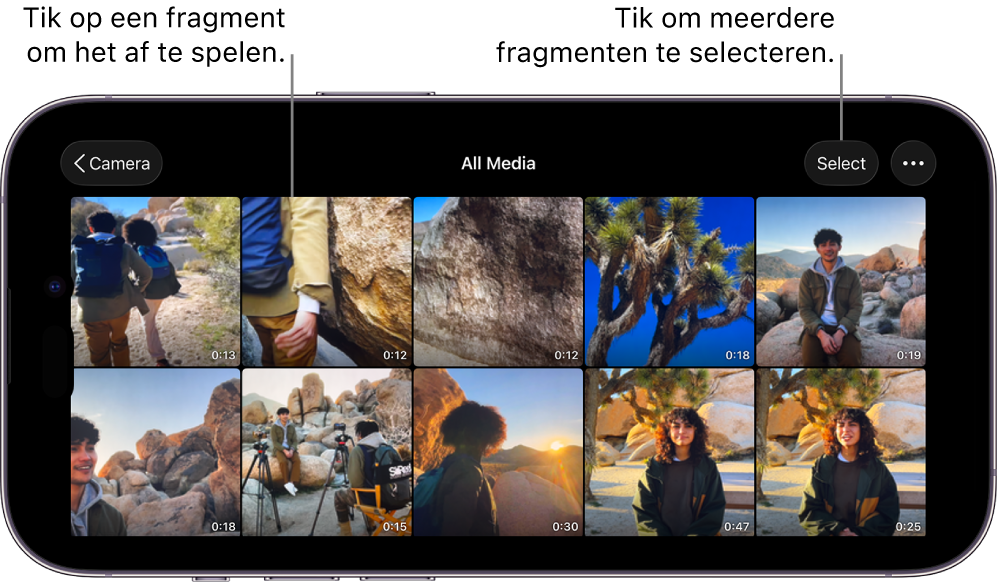 Het scherm 'Alle media' in Final Cut Camera, met videominiaturen, de knop 'Selecteer' en de knop 'Meer'.