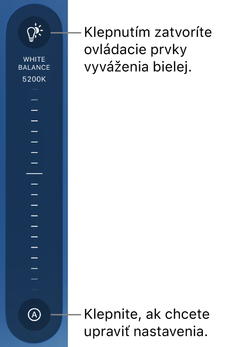 Ovládací prvok vyváženia bielej s tlačidlom Autom. v dolnej časti.