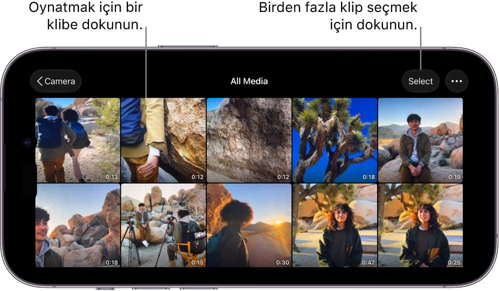 Final Cut Camera’daki Tüm Ortamlar ekranı, video küçük resimlerini, Seç düğmesini ve Daha Fazla düğmesini gösteriyor.