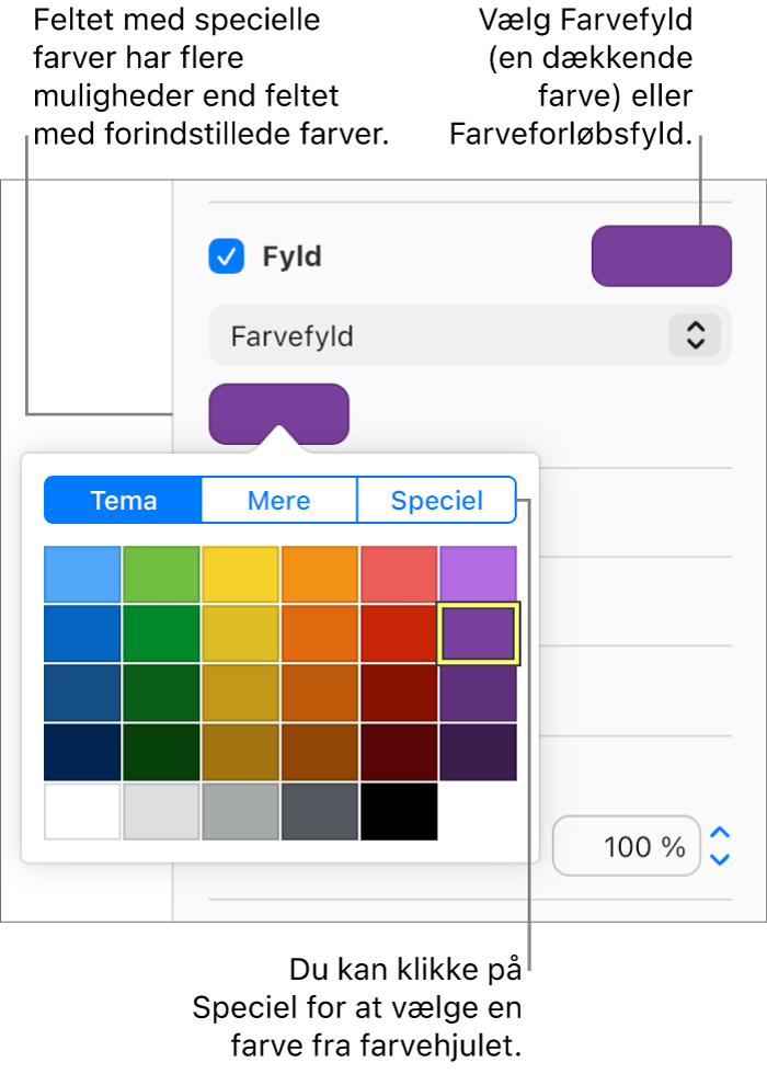 Farvefyld er valgt på lokalmenuen under afkrydsningsfeltet Fyld, og farvefeltet under lokalmenuen viser yderligere muligheder for farvefyld.