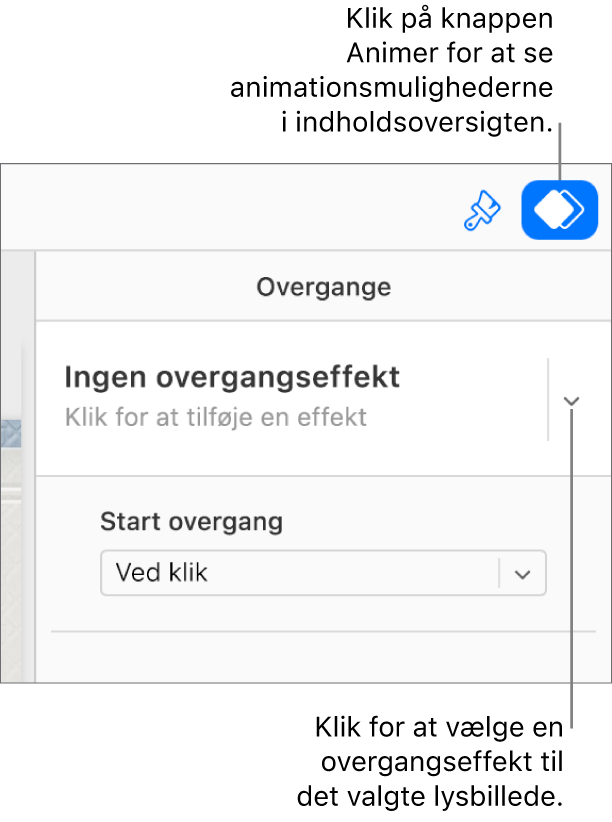 Knappen Animer er valgt på værktøjslinjen, og “Ingen indbygget effekt” vises på lokalmenuen Overgange i indholdsoversigten.