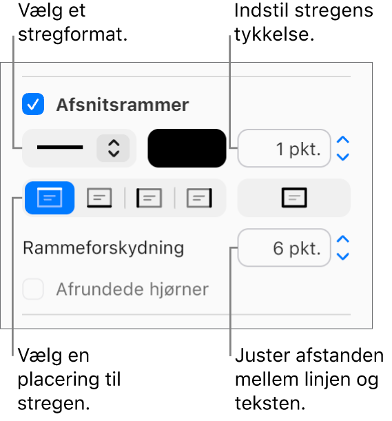 Afkrydsningsfeltet Afsnitsrammer er valgt på fanen Layout i indholdsoversigten Format, og betjeningsmulighederne til ændring af stregformat, farve, tykkelse, position og forskydning i forhold til teksten vises under afkrydsningsfeltet.