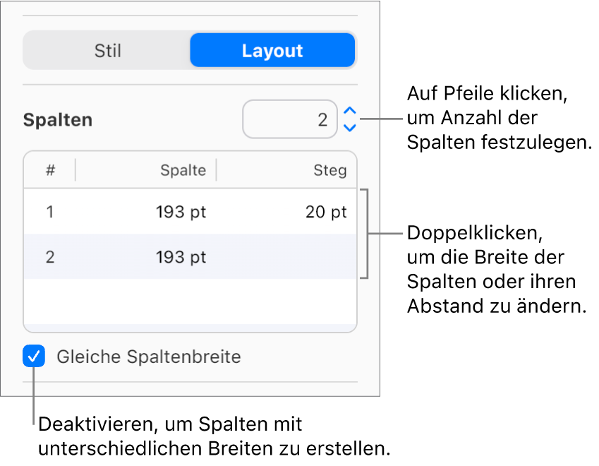 Die Steuerelemente für die Textspalten im Bereich „Layout“ der Seitenleiste „Format“.