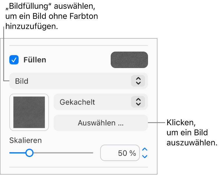 Das Markierungsfeld „Füllen“ ist aktiviert und „Bild“ ist im Einblendmenü unterhalb des Markierungsfelds ausgewählt. Steuerelemente zur Auswahl des Bildes, dazu, wie das Objekt gefüllt wird, sowie zum Skalieren des Bildes erscheinen unterhalb des Einblendmenüs. Eine Vorschau der Bildfüllung ist in dem Quadrat zu sehen (nachdem ein Bild ausgewählt wurde).