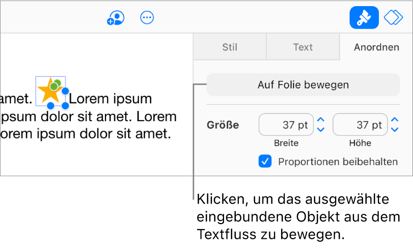 Ein eingebundenes Bild in einem Textfeld ist ausgewählt und eine Taste „Auf Folie bewegen“ wird im Tab „Anordnen“ in der Seitenleiste angezeigt.