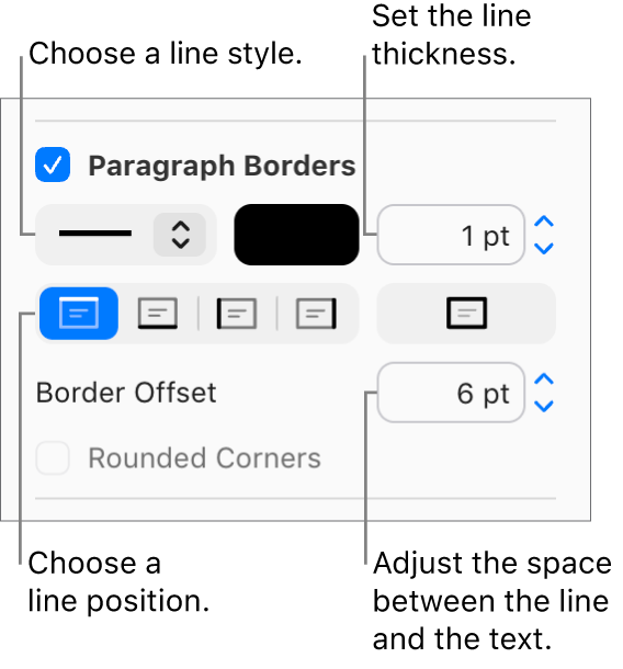 The Paragraph Borders checkbox is selected in the Layout tab of the Format sidebar, and controls to change the line style, color, thickness, position, and offset from the text appear below the checkbox.