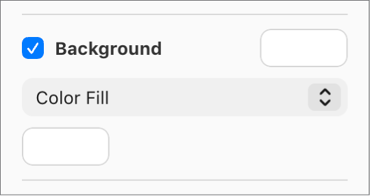The Background checkbox is selected in the sidebar, and the preset color well to the right of the checkbox is filled with white. Below the checkbox, Color Fill is chosen in a pop-up menu, and below that, the custom color well is filled with white.