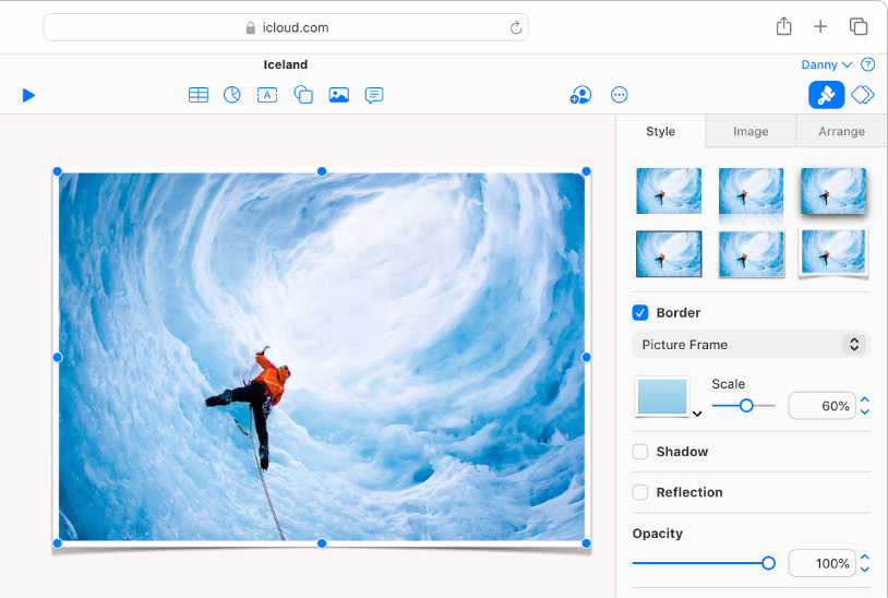 The selected image on the slide has a picture frame border, and the Style tab of the Format sidebar is open with Picture Frame selected from the border menu.
