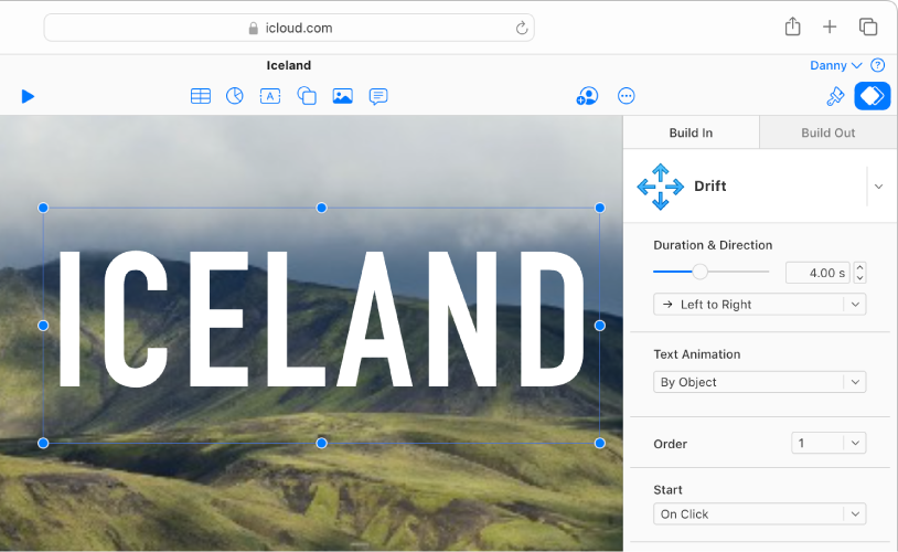 A text box is selected on a slide, and the Build In tab is selected at the top of the Animate sidebar on the right. The Drift animation is selected from a pop-up menu, and options for customizing the animation appear below it in the sidebar.