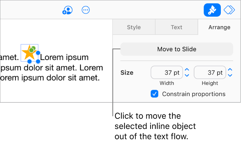 An inline image inside a text box is selected, and a Move to Slide button is visible in the Arrange tab in the sidebar.
