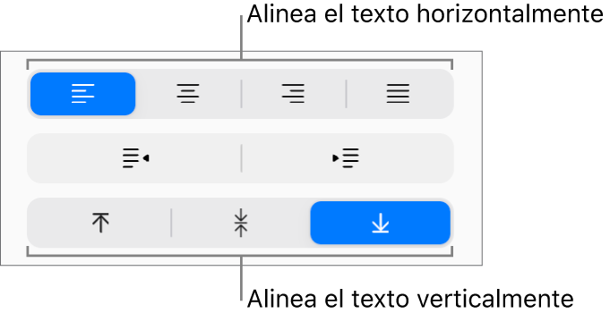 Los botones de alineación de texto verticales y horizontales de la barra lateral Formato.