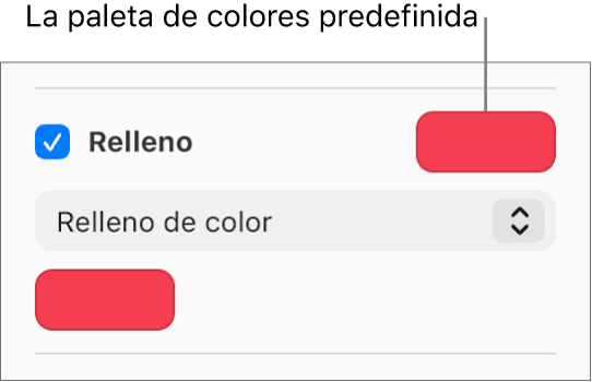 La casilla Relleno está seleccionada en la barra lateral y la paleta de colores predefinidos de la derecha muestra el color morado. Debajo de la casilla de selección, está seleccionado “Relleno de color” en un menú emergente.