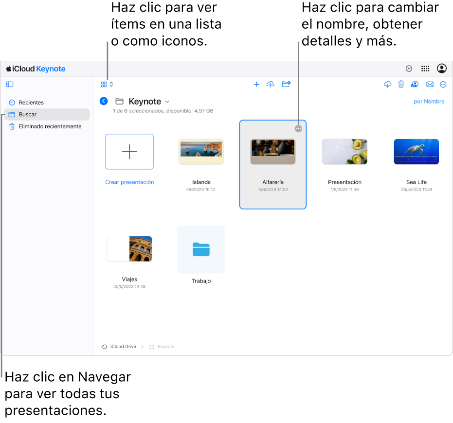 El gestor de documentos en vista de navegación, mostrando presentaciones de Keynote como iconos en una cuadrícula. El botón Más (tres puntos) está visible en la esquina superior derecha de la presentación seleccionada. Por encima de las presentaciones, el lado izquierdo de la barra de tareas tiene un menú emergente donde puedes seleccionar si visualizar los ítems como iconos o en una lista. En el lado derecho de la barra hay botones para descargar ítems, colaborar en ellos, enviarlos por correo electrónico o eliminarlos.