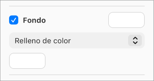 La casilla Fondo está seleccionada en la barra lateral y la paleta de colores predefinidos de la derecha muestra el color blanco. Debajo de la casilla, Relleno de color está seleccionado en un menú emergente y, debajo, la paleta de colores personalizados muestra el color blanco.