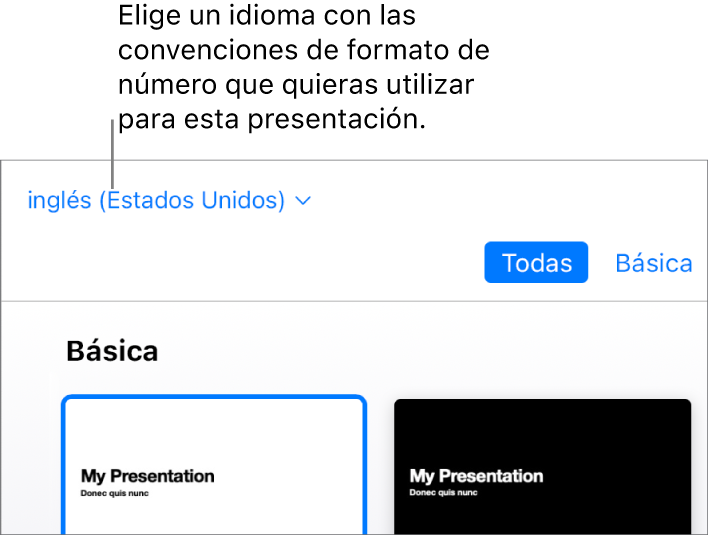 El menú emergente de la esquina superior izquierda del selector de tema con la opción Inglés (Estados Unidos) seleccionada.