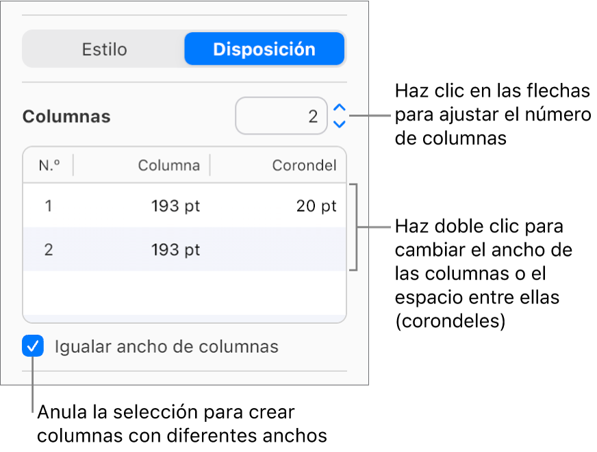 Controles de columna de texto en la sección Disposición de la barra lateral Formato.