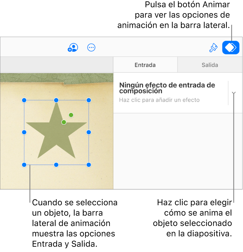 En la diapositiva hay un efecto seleccionado, en la barra de herramientas está seleccionado el botón Animar y, en el menú emergente Entrada, aparece la opción “Ningún efecto de entrada de composición”.