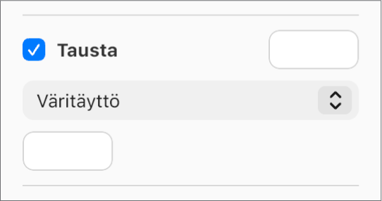 Tausta-valintaneliö on valittuna sivupalkissa ja valmiiksi määritettyjen värien värivalitsin valintaneliön oikealla puolella on täytetty valkoisella. Valintaneliön alla olevassa ponnahdusvalikossa on valittuna Väritäyttö. Sen alla oleva muokattu värivalitsin on täytetty valkoisella.