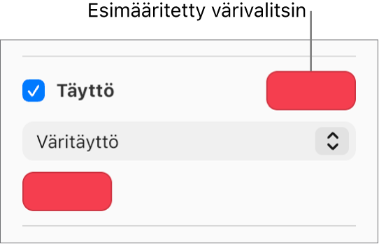 Täyttö-valintaneliö on valittuna sivupalkissa ja valmiiksi määritettyjen värien värivalitsin valintaneliön oikealla puolella on täytetty violetilla. Valintaneliön alla ponnahdusvalikossa on valittuna Väritäyttö.
