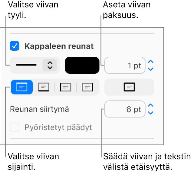 Kappaleen reunat ‑valintaneliö on valittu Muoto-sivupalkin Asettelu-välilehdellä. Valintaneliön alapuolella näytetään säätimet, joilla voi muuttaa viivan tyyliä, väriä, paksuutta, sijaintia ja tekstiin jätettävää väliä.