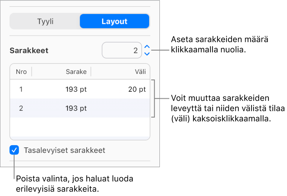 Kuvassa näkyvät Muoto-sivupalkin Asettelu-osion tekstisaraketoiminnot.