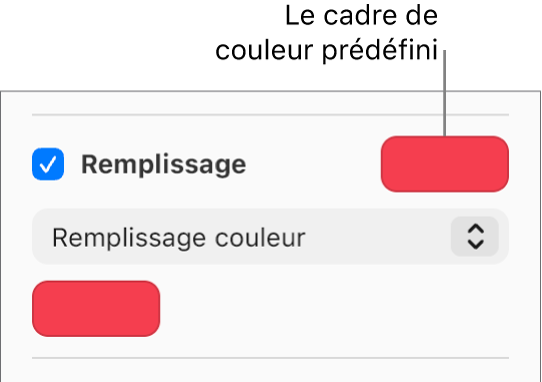La case Remplir est cochée dans la barre latérale et le cadre de couleur prédéfini situé sur la droite de cette case est rempli en violet. Sous la case à cocher, l’option Remplissage couleur est sélectionnée dans un menu local.