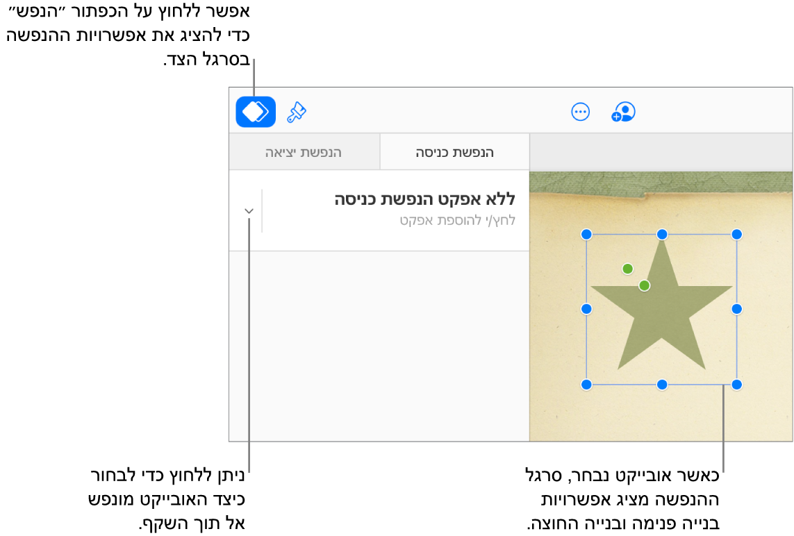 אובייקט נבחר בשקף, הכפתור ״הנפשה״ נבחר בסרגל הכלים, והכיתוב ״אין אפקט הנפשת כניסה״ מוצג בתפריט הקופץ ״הנפשת כניסה״ בסרגל הצד.