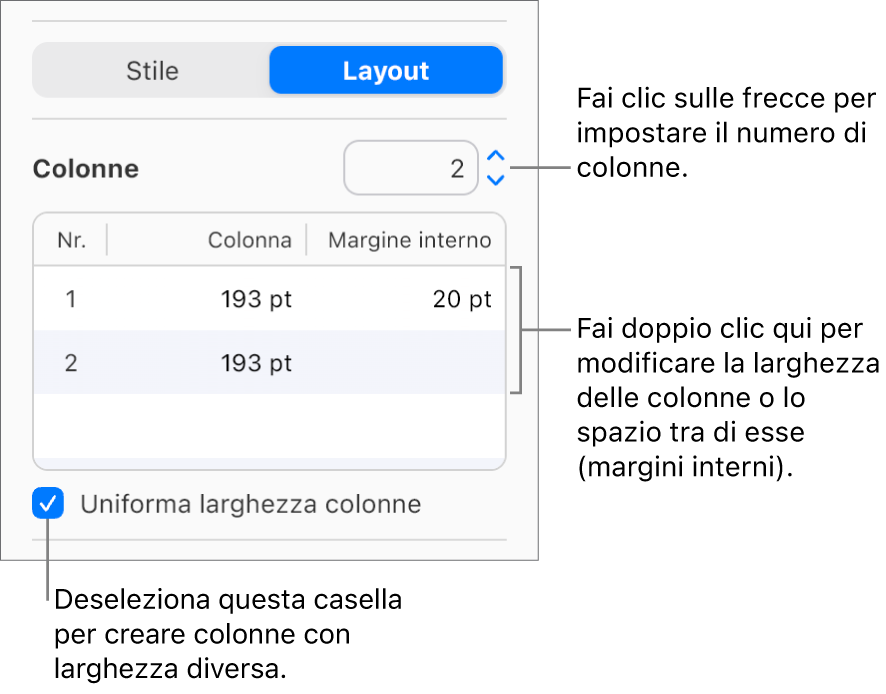 I controlli della colonna di testo nella porzione Layout della barra laterale Layout.