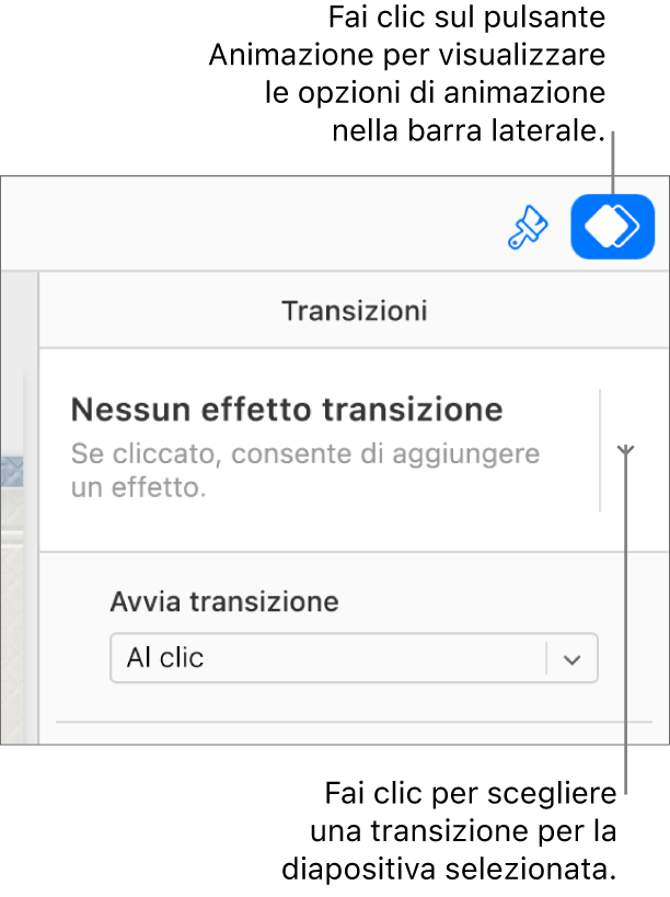 Il pulsante Animazione viene selezionato nella barra strumenti e “Nessun effetto incorporato” viene visualizzato nel menu a comparsa Transizioni nella barra laterale.