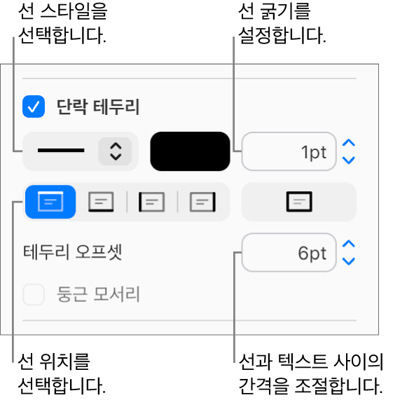 포맷 사이드바의 레이아웃 탭에서 단락 테두리 체크상자가 선택되어 있으며 체크상자 아래에 텍스트의 선 스타일, 색상, 두께, 위치 및 오프셋을 변경할 수 있는 제어기가 나타납니다.