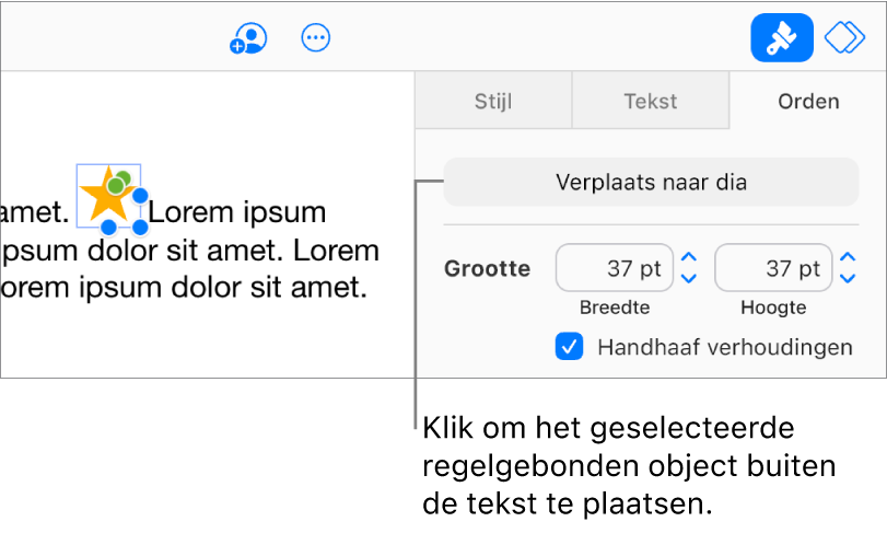 Een regelgebonden afbeelding in een tekstvak is geselecteerd, en de knop 'Verplaats naar dia' is zichtbaar in het tabblad 'Orden' in de navigatiekolom.